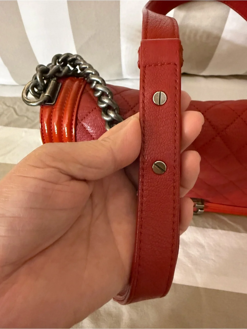 CHANEL Red Quilted Boy Bag with gray-Tone Hardware